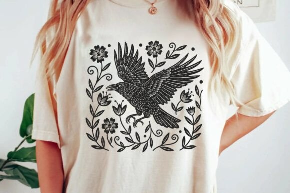 Download Vintage Folk Art Raven Floral Linocut Nature Illustration Png - Png Collection