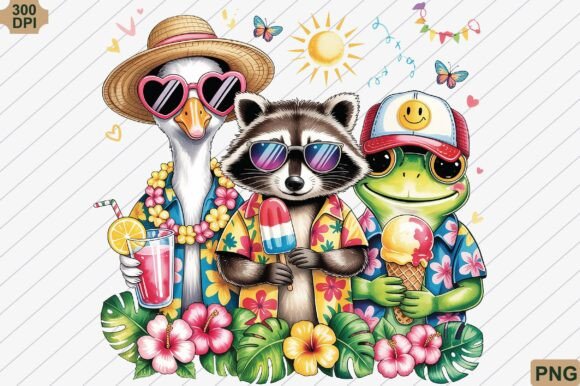 Download Summer Vacation Goose Raccoon Frog Png - Png Collection